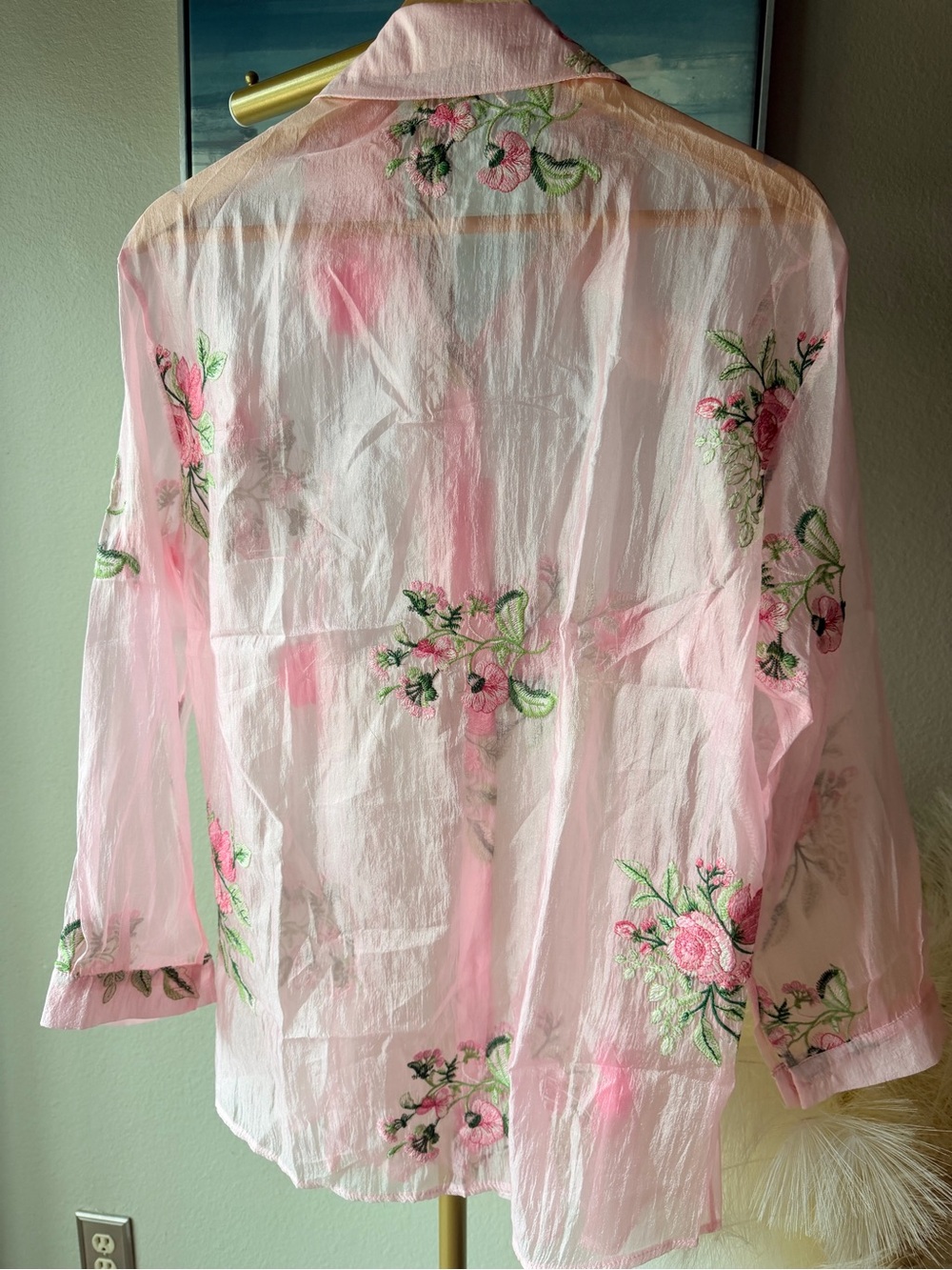 NWT KEBUNUO Pink Sheer Floral Embroidered 3D Appliqué Button-Up Blouse OS - Picture 9 of 12